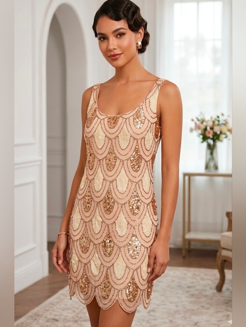 Gianni Bini Roaring 20s Gatsby Blush Peach Sequin Cocktail Dress Medium